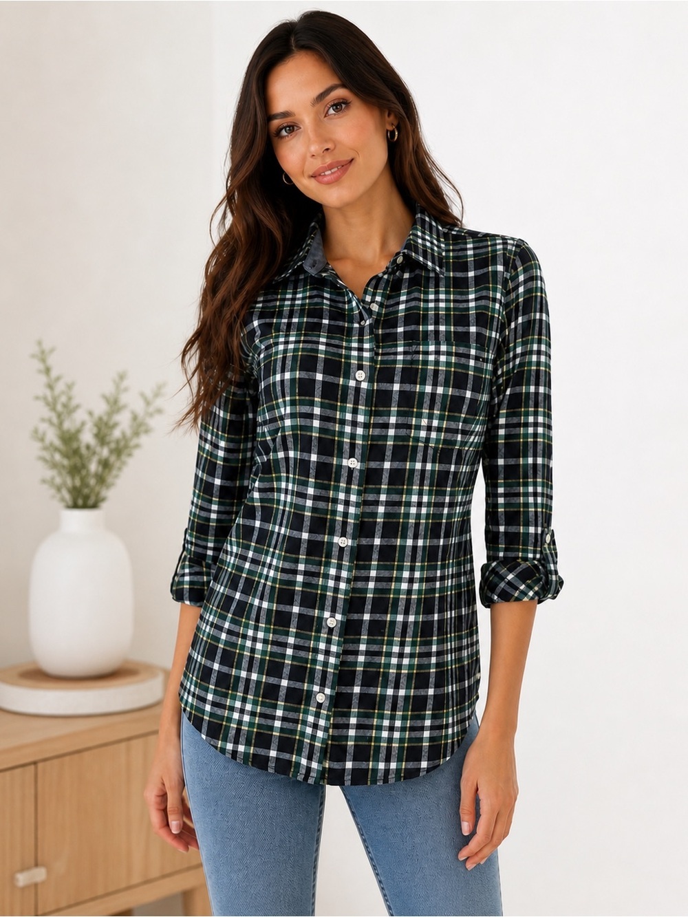 NEW Tommy Hilfiger Plaid Button Down Shirt Small | Roll Tab Sleeve